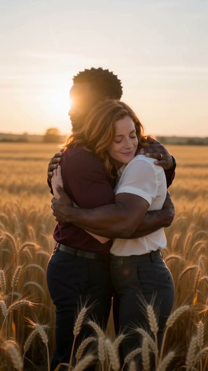 Warm light. A golden wheat field. Both human, alive and together.
